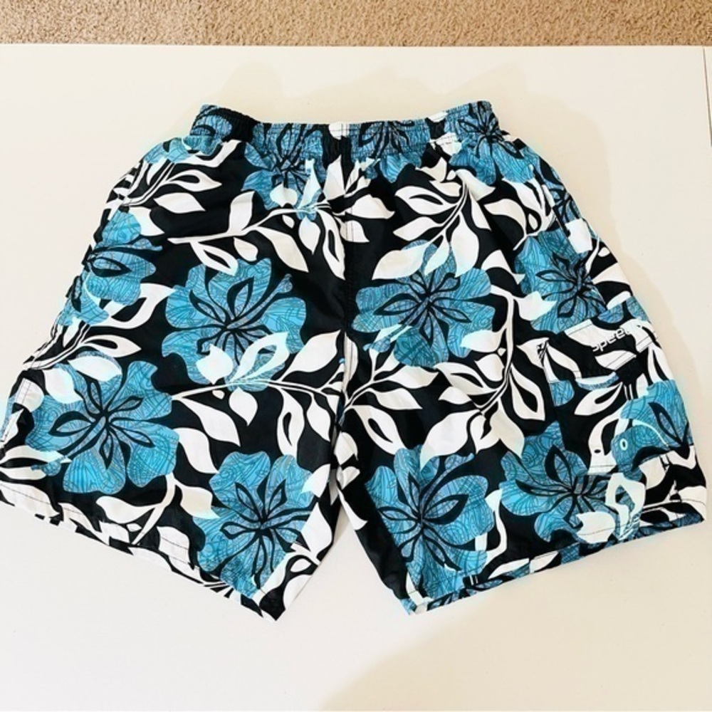 Speedo Elastic Waistband Floral Swim Trunk Size Large Blue/White